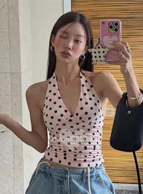 宝藏女孩波点挂脖瑜伽背心高弹速干运动健身上衣健身训练服外穿