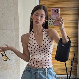 宝藏女孩波点挂脖瑜伽背心高弹速干运动健身上衣健身训练服外穿