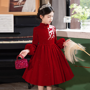 女童中国风礼服红色儿童主持人生日旗袍新年公主裙女孩演出服秋冬