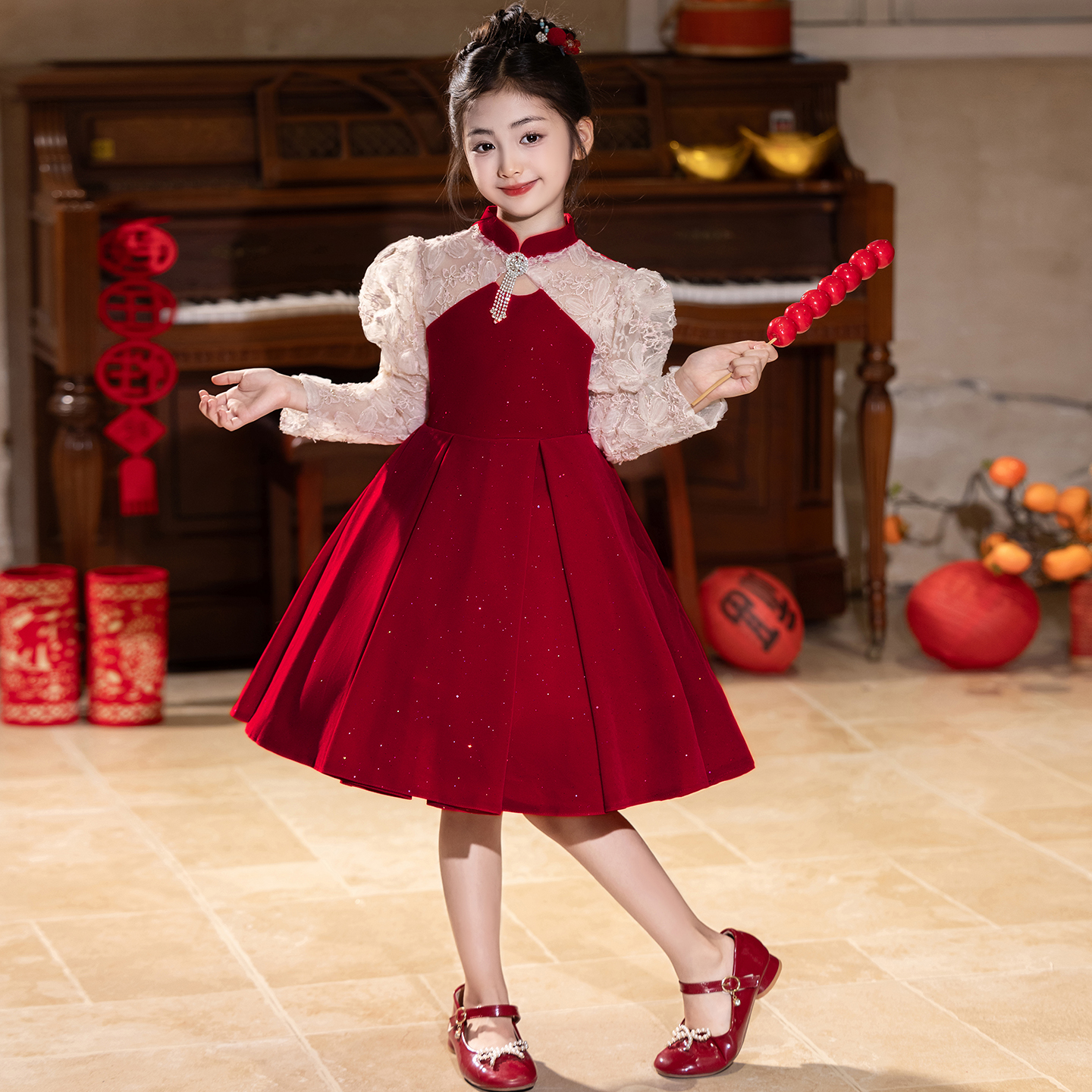 红色女童礼服新年秋冬小女孩生日公主裙儿童主持人高端钢琴演出服