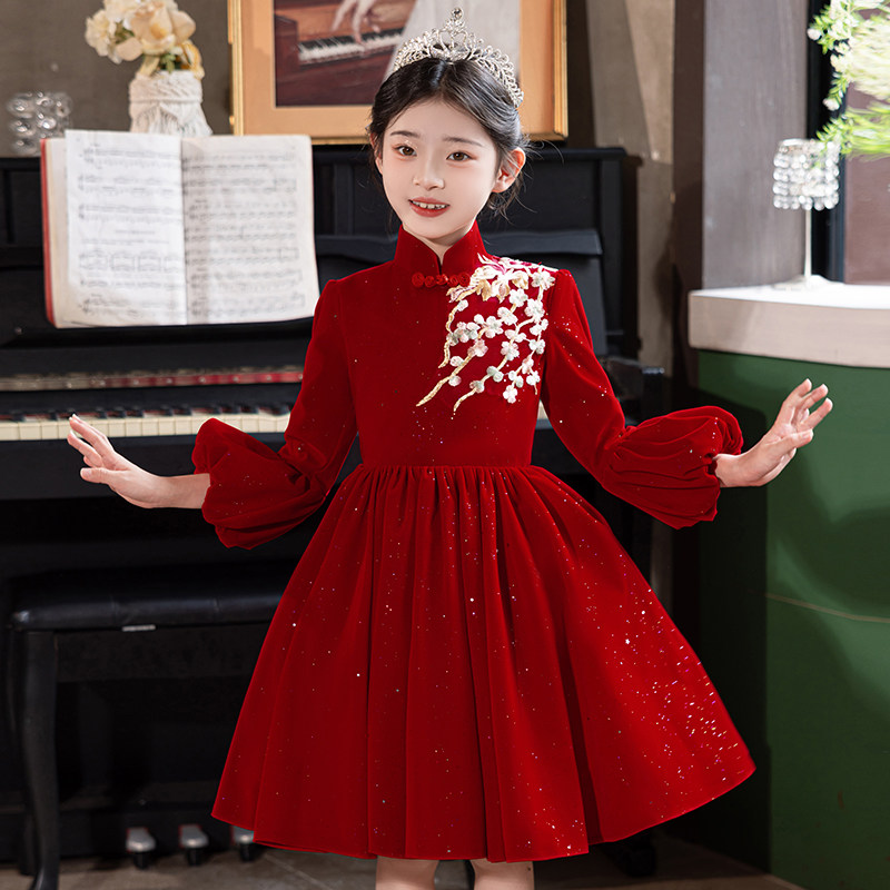女童中国风礼服红色秋冬