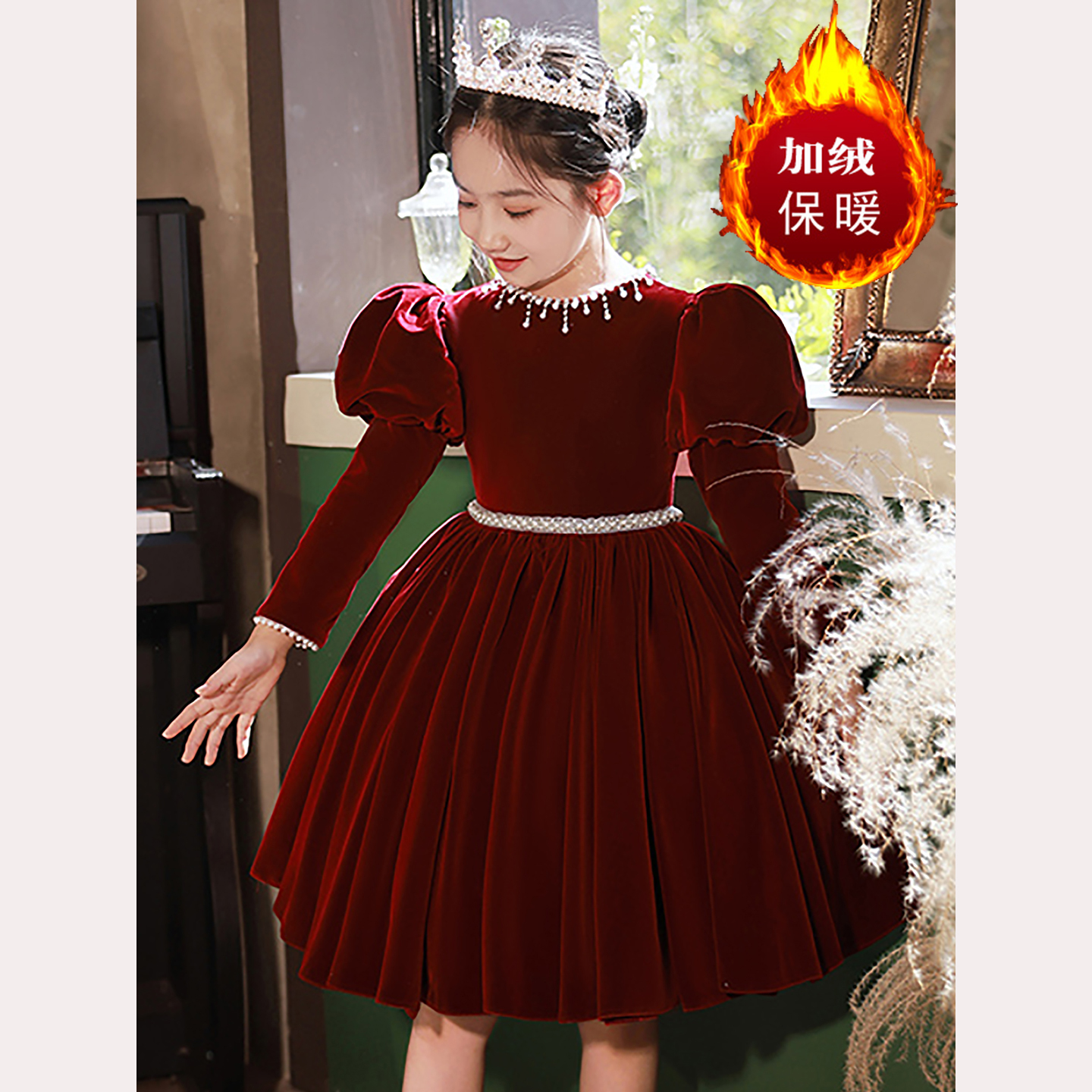 红色女童礼服高端轻奢小众长袖