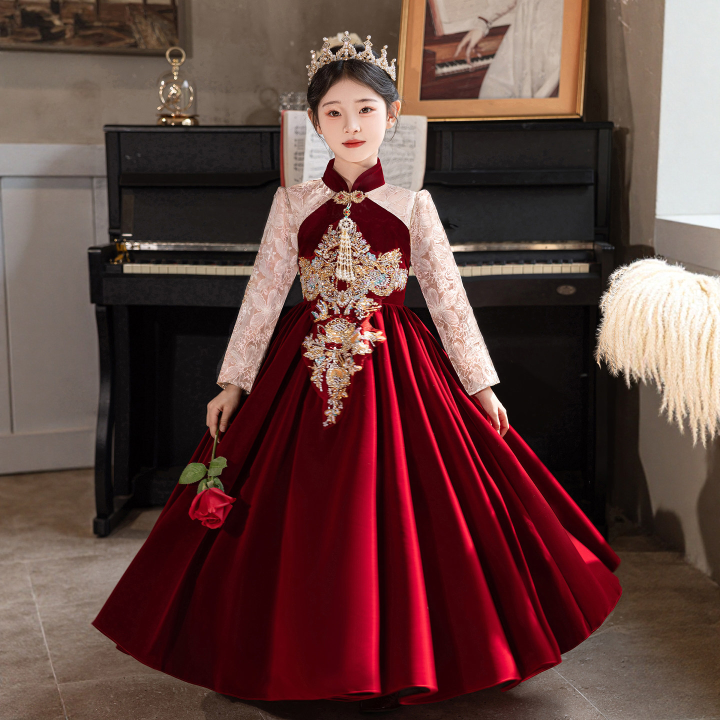 新中式儿童礼服新年红色女童高端长袖主持人公主裙女孩国风演出服,童装/婴儿装/亲子装,儿童礼服,淘宝优惠券,粉丝福利购,淘宝优惠卷