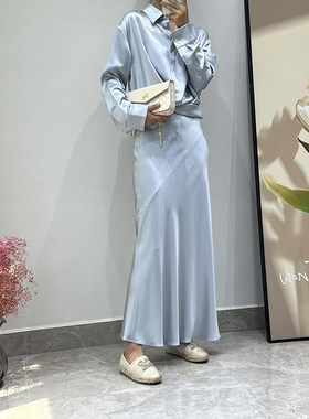 优雅气质款女士真丝30姆米宽松衬衫+修身半裙显瘦厚实有光泽