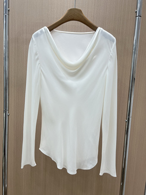优雅气质桑蚕丝长袖T恤荡领设计修身显瘦纯白色百搭轻薄透气上衣