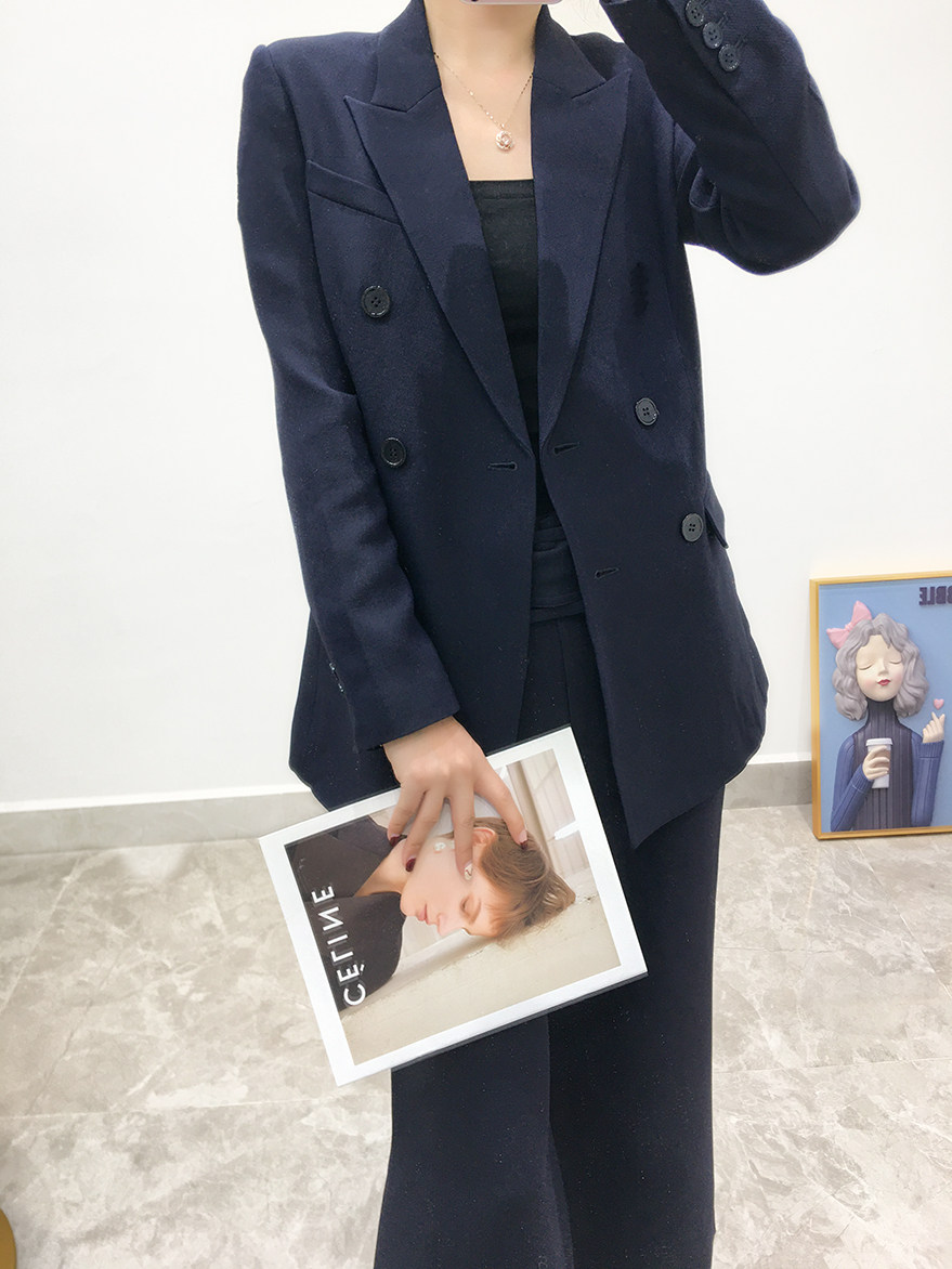 春秋刚需街头时尚宽松版型丝毛面料双排扣高级感女式气质西装外套
