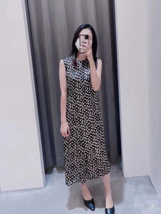 纯元真丝混纺印花无袖连衣裙柔软飘逸舒适感强下摆不规则中长款