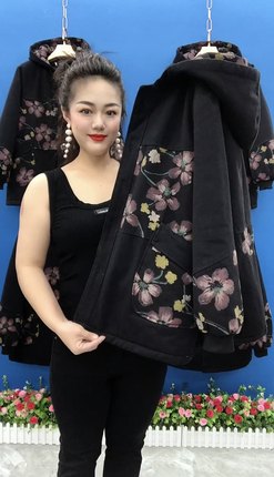 2022冬季牛仔布印花加绒连帽棉服中老年女装宽松大码冬季棉服外套