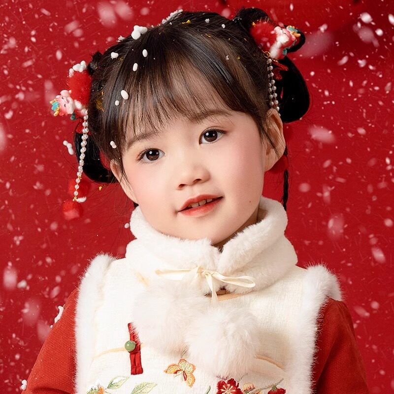 儿童冬季围巾男女童宝宝百搭仿雪貂绒毛领保暖中国风复古刺绣围脖