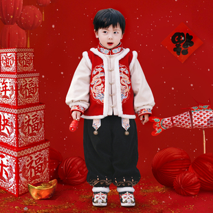 汉服男童冬装宝宝红色国风小少爷套装古装儿童新年过年唐装拜年服