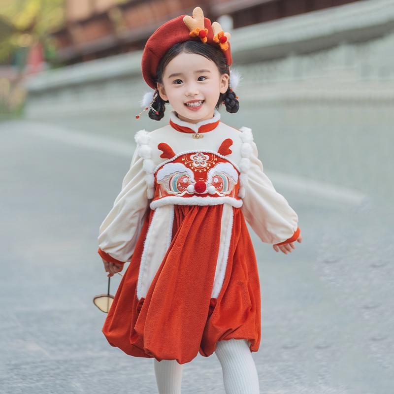 秋冬女童汉服宝宝中国风小公主拜年服周岁抓周礼服帽子百搭红色