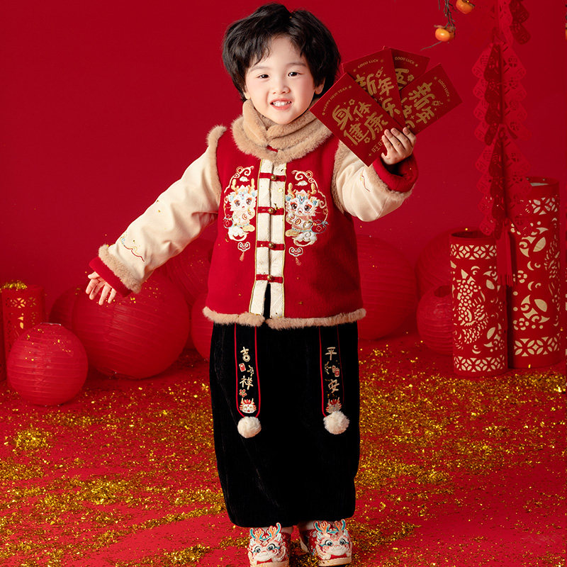 汉服男童冬装宝宝加厚棉服袄子小男孩喜庆龙年拜年服新年唐装年服
