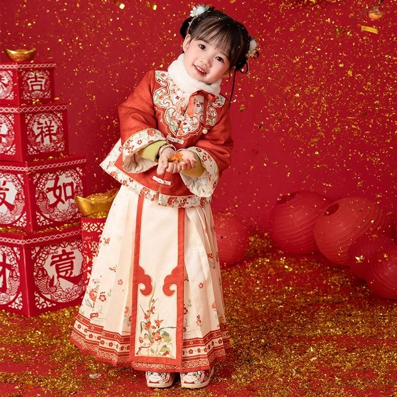 汉服女童冬装宝宝中国风马面长裙套装小女孩红色新年装过年拜年服,童装/婴儿装/亲子装,唐装,淘宝优惠券,粉丝福利购,淘宝优惠卷