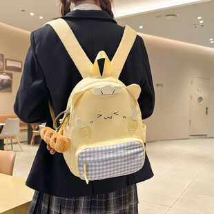 可爱卡通格纹双肩包女学生出游猫咪小背包高颜值百搭轻便上课书包