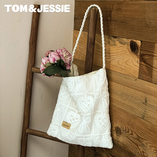tom&jessie原创 立体盘带织花纯棉布艺气质单肩女包 白色梦屿
