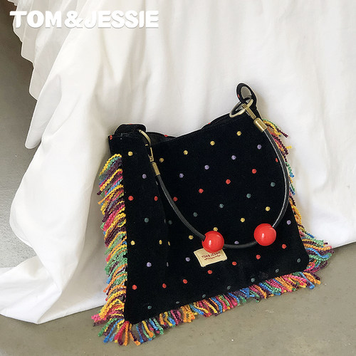 原创波点彩彩丝绒绣花猫须趣味托特包tom&jessie春夏新款百搭包包