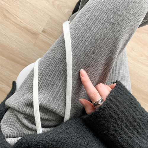 灰色窄版针织阔腿裤女高腰垂感2025新款秋冬季加绒直筒小个子休闲