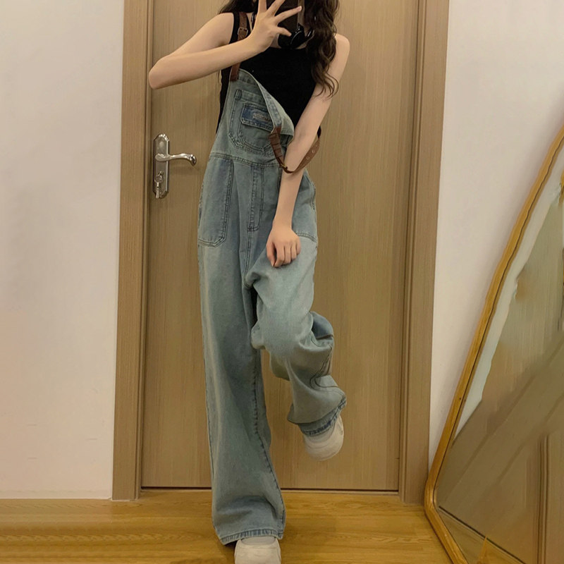 奶fufu抱婴袋裤女夏季新款小个子宽松减龄高腰复古直筒吊带牛仔裤