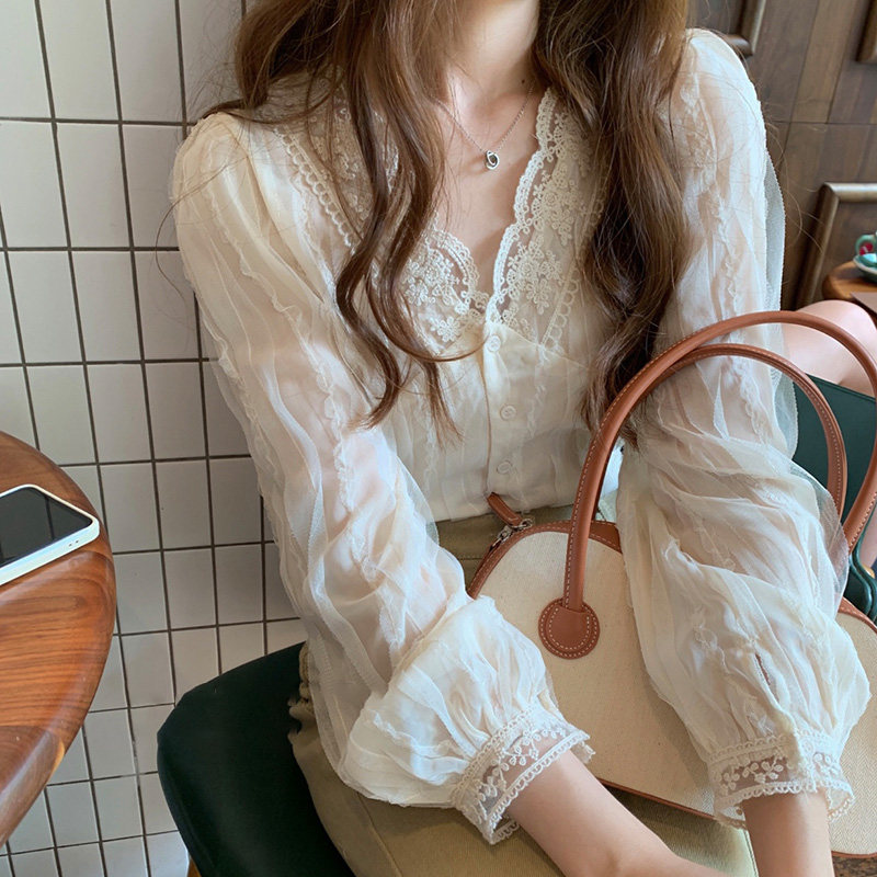 小衫v领蕾丝打底衫女夏2025春新款内搭小个子衬衫洋气雪纺衫上衣