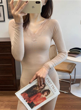 莫代尔蕾丝V领紧身内衣女秋保暖发热美体秋衣秋裤套装百搭打底衫