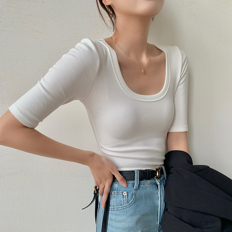 白色正肩t恤女夏2025新款u领内搭打底衫修身百搭时尚五分袖上衣秋