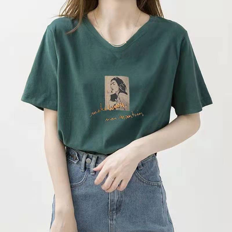 短袖t恤女宽松显瘦2026年夏季薄新款纯色印花V领外穿上衣百搭简约