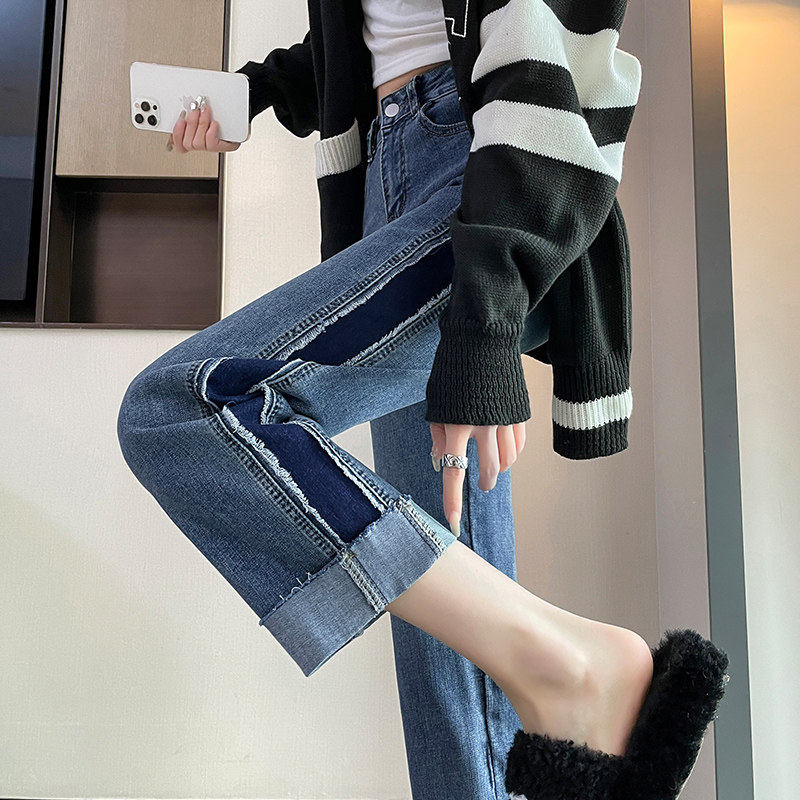 撞色直筒挽边牛仔裤女高腰阔腿裤子春春季宽松显瘦小个子烟管九分