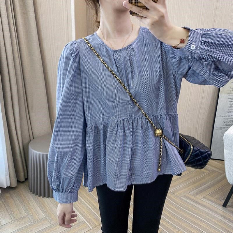 格子圆领泡泡袖蓝色娃q娃衫宽松长袖上衣夏薄款衬衫女设计感小众