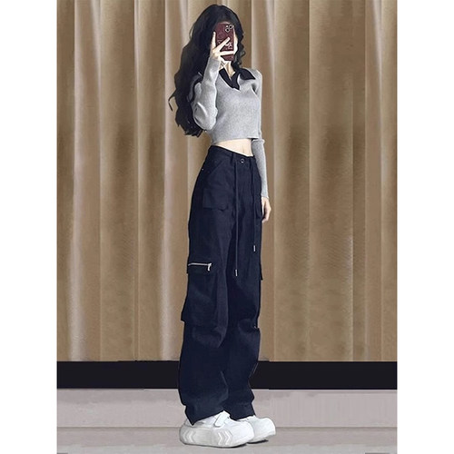 藏青色高腰显瘦直筒工装裤子女夏垂感阔腿裤2026秋新款小个子拖地