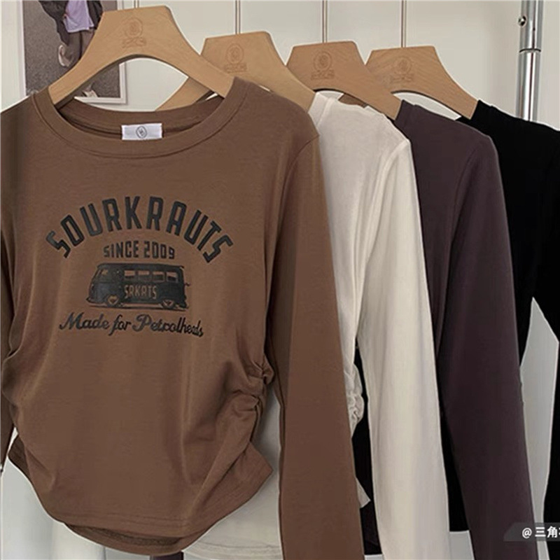 法式别致内搭上衣女棕色小众长袖T恤辣妹短款修身咖色打底衫秋季