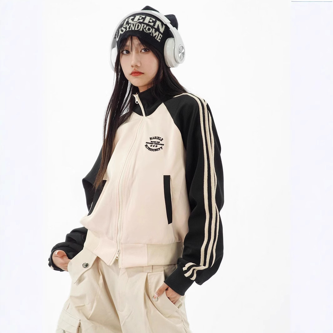 美式撞色三条杠棒球服外套女春秋季中性风学生韩版休闲宽松夹克女
