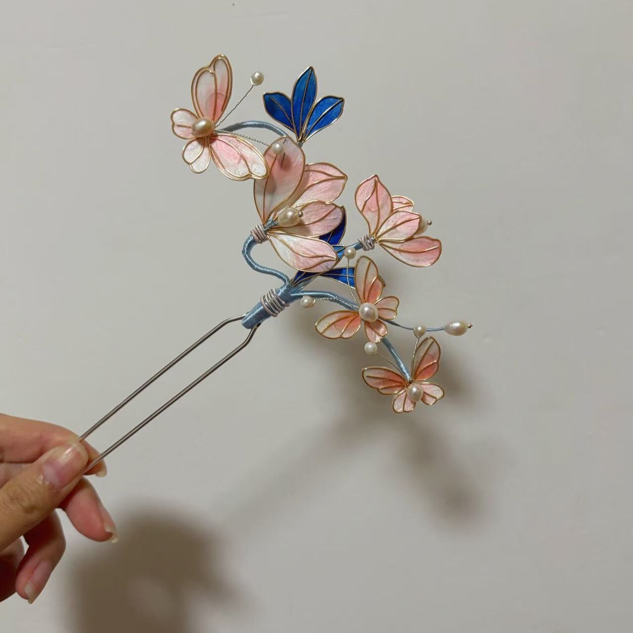 古风仿点翠掐丝绒花蝴蝶发钗发簪国风汉服发饰新中式U钗头饰