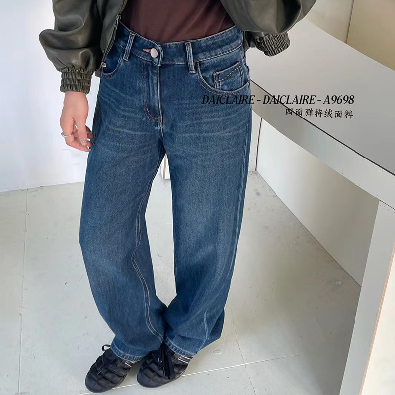 代嘉儿特绒窄版阔腿裤弹力牛仔裤