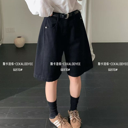 CKLY斯卡洛依66970新款夏季中腰阔腿牛仔短裤配腰带宽松五分裤女