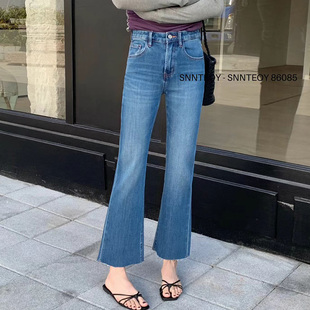 代嘉儿daiclaire森调86085春季四面弹九分喇叭裤直筒蓝色牛仔裤女