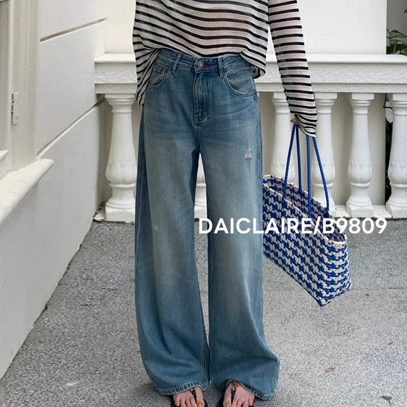 代嘉儿高腰宽松无弹蓝色阔腿裤女