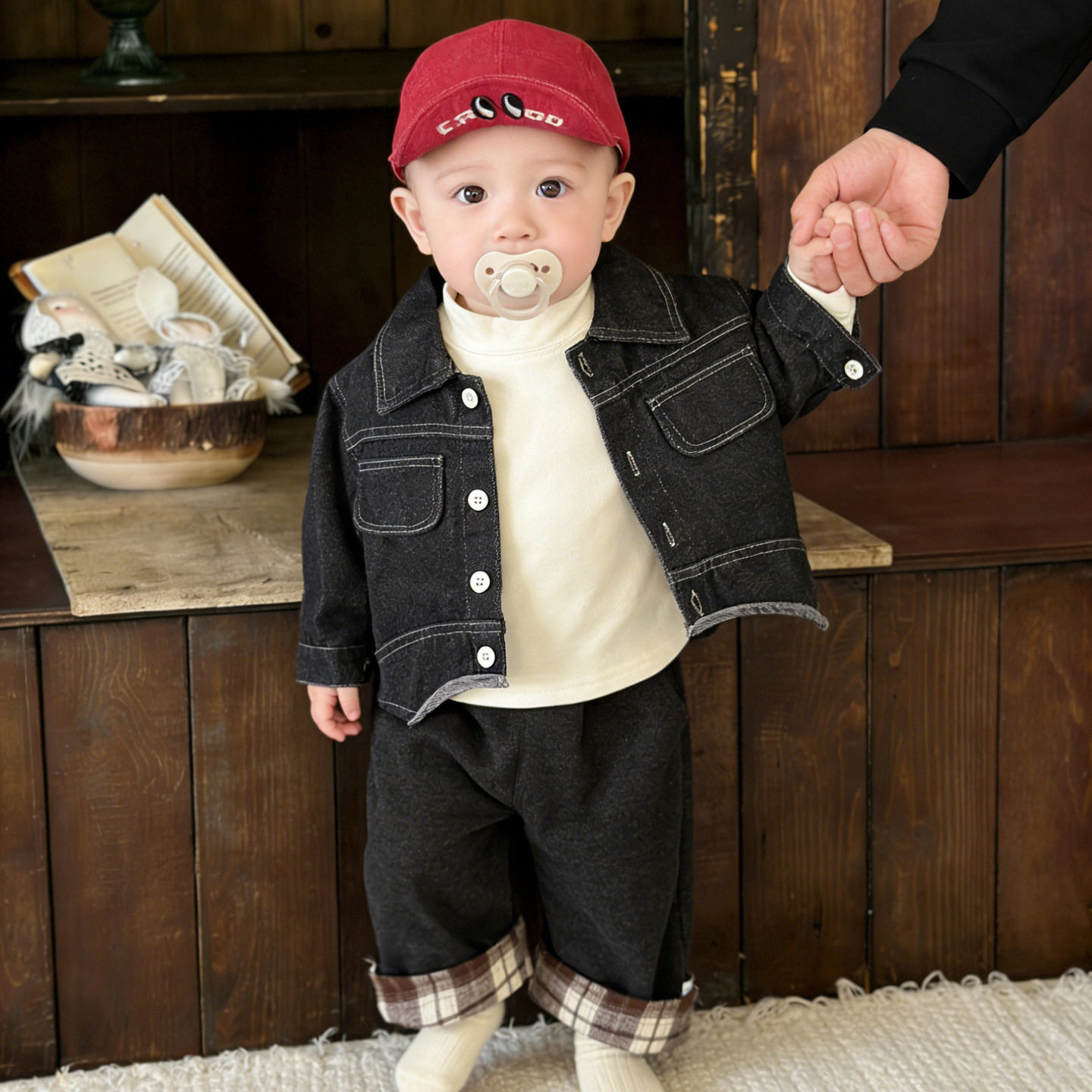 韩系男童酷帅炸街套装春秋季2026新款宝宝时髦牛仔外套休闲格子裤