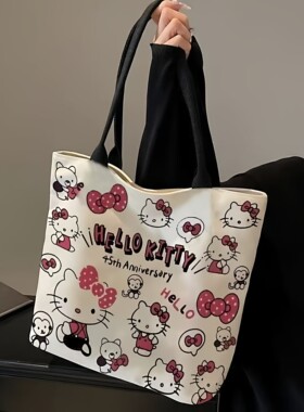 新款百搭kt猫时尚帆布包卡通手提包女大容量学生上课单肩包通勤