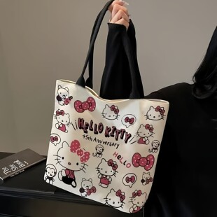 新款 帆布包卡通手提包女大容量学生上课单肩包通勤 百搭kt猫时尚