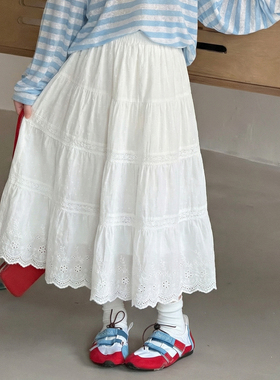 女童白色拼接蛋糕裙初中生松紧腰中长款A字半身裙春夏装女孩长裙