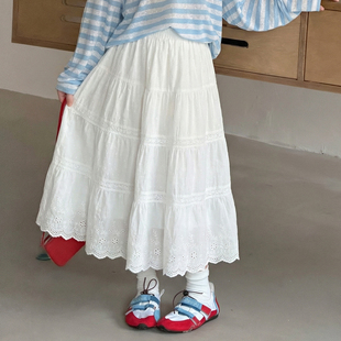 女童白色拼接蛋糕裙初中生松紧腰中长款A字半身裙春夏装女孩长裙