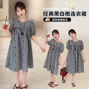 女童连衣裙2026夏季新款儿童韩系格子裙蝴蝶结中大童洋气时髦裙子