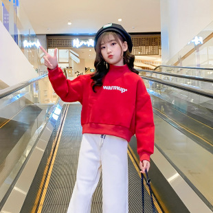 女童短款卫衣加绒加厚2026秋冬装新款中大童打底衫红色新年装衣服