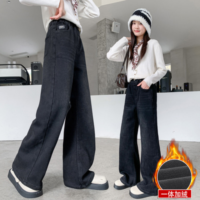 女童加绒裤子冬季新款直筒微喇叭