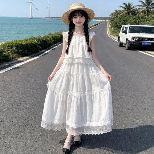 女童白色蕾丝半身裙女大童
