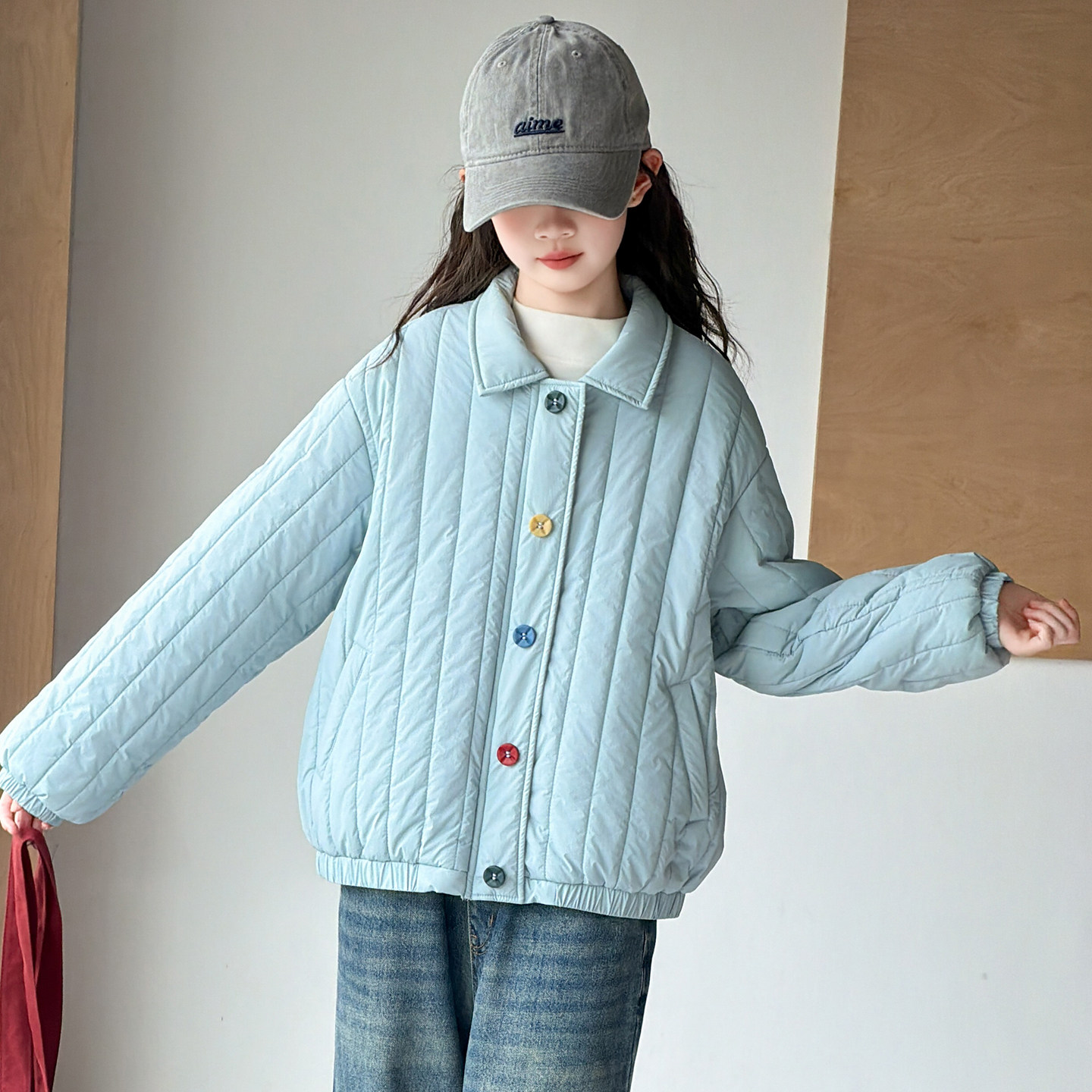 女童加棉外套2026冬装中大童棉服翻领纽扣青少年轻薄款棉衣服冬装