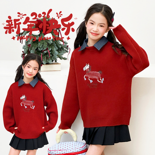女童红色上衣假两件毛衣中大童针织衫秋冬装加厚马年毛衣过年衣服