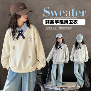 女童学院风假两件卫衣女大童春秋超好看初中生衬衫领刺绣套头上衣