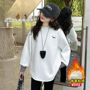 女童打底衫秋冬2024新款加绒加厚内搭冬季中大童中长款百搭T恤衫