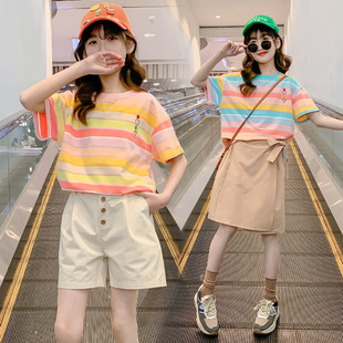 洋气儿童上衣潮 女童条纹短袖 T恤2025夏装 新款 韩系纯棉女大童半袖